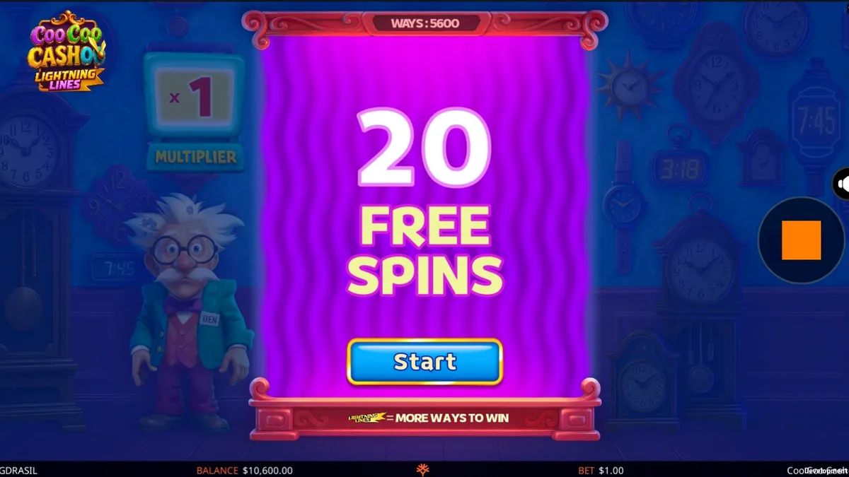Toko jam eksentrik dalam slot Coo Coo Cashoo dengan nuansa neon dan vintage.