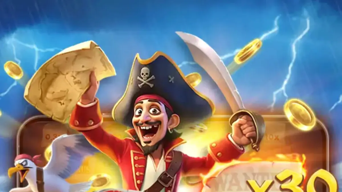 Tampilan antarmuka permainan Pirate Fortune Tap dengan meriam dan target di laut